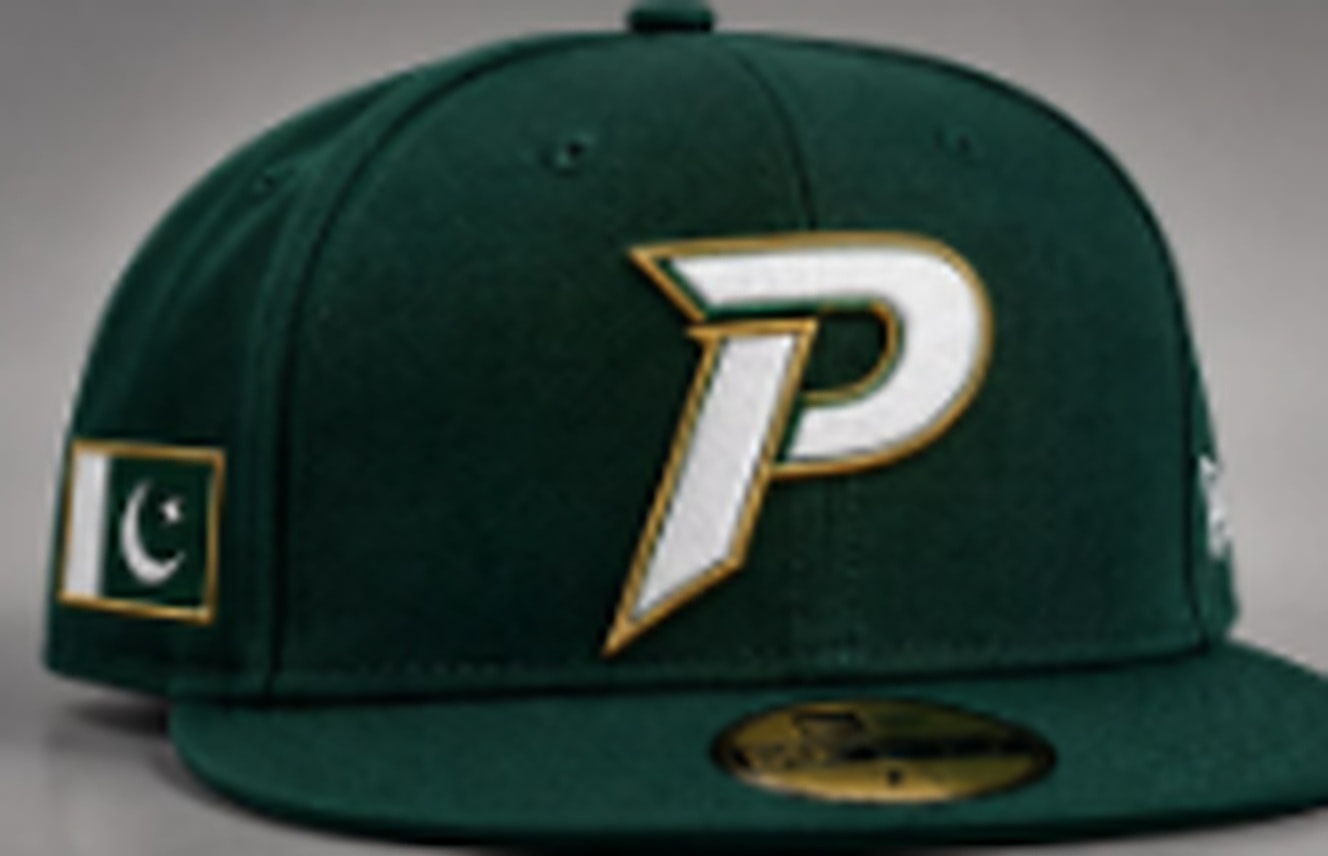 New Era fitted cap in Pakistan green with gold P logo and flag patch