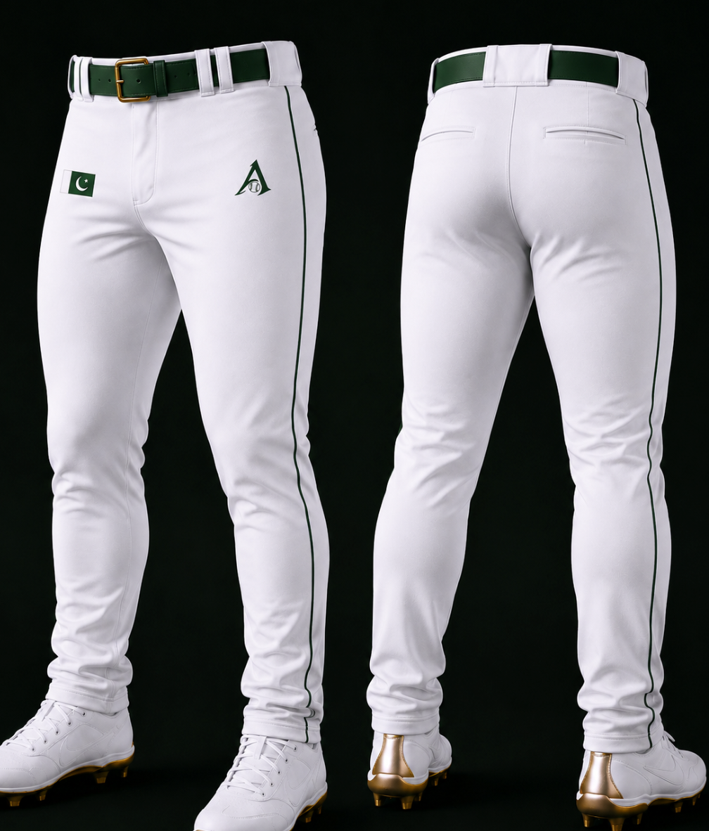 Pakistan Baseball white pants with green piping front and back
